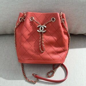 CHANEL Coral Red Quilted Drawstring Bucket Bag SHW